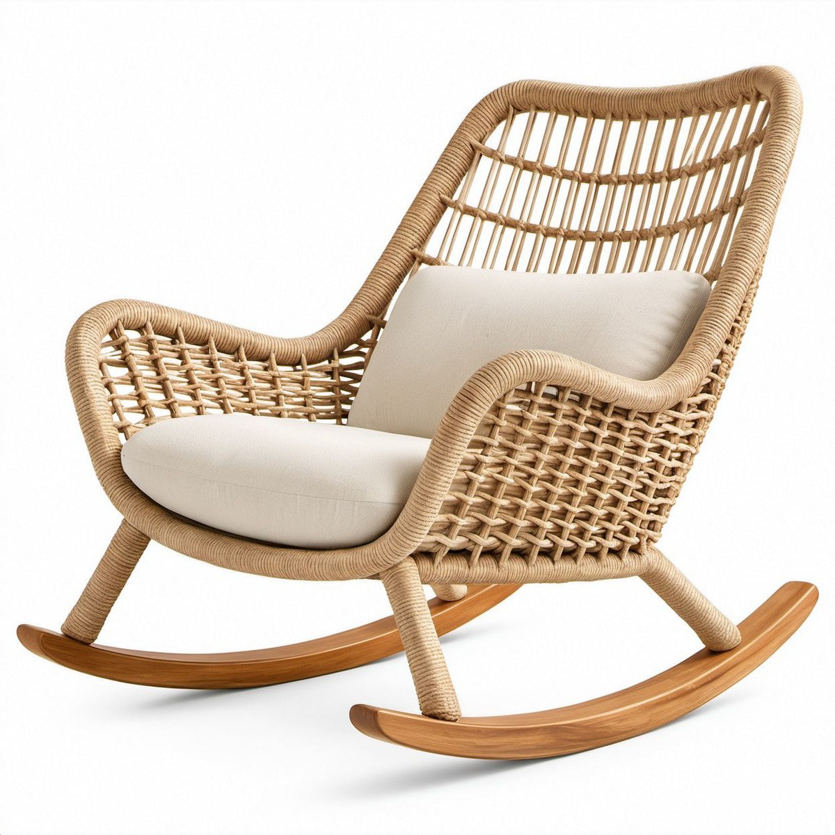 Outdoor Rocking Chair with Cushions, Natural Beige/Brown/Ivory PE Rattan and Acacia Wood, 33.5 x 35.4 x 40.2 in