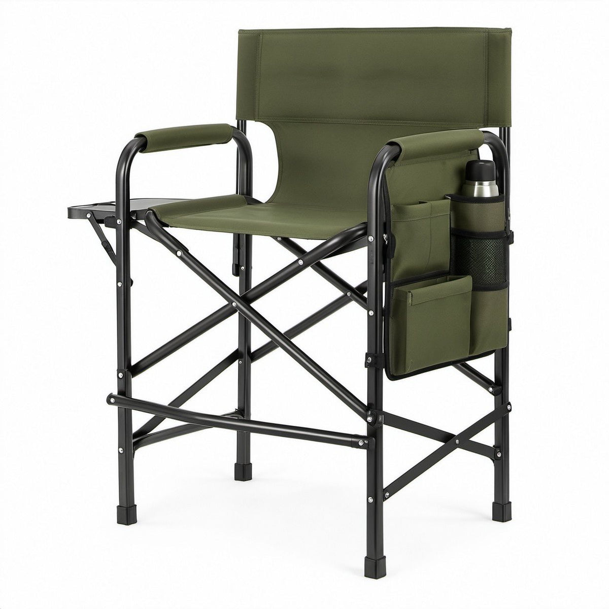 Olive Green Folding Director Chair with Side Tray and Storage Organizer, 24 x 19 x 45 in