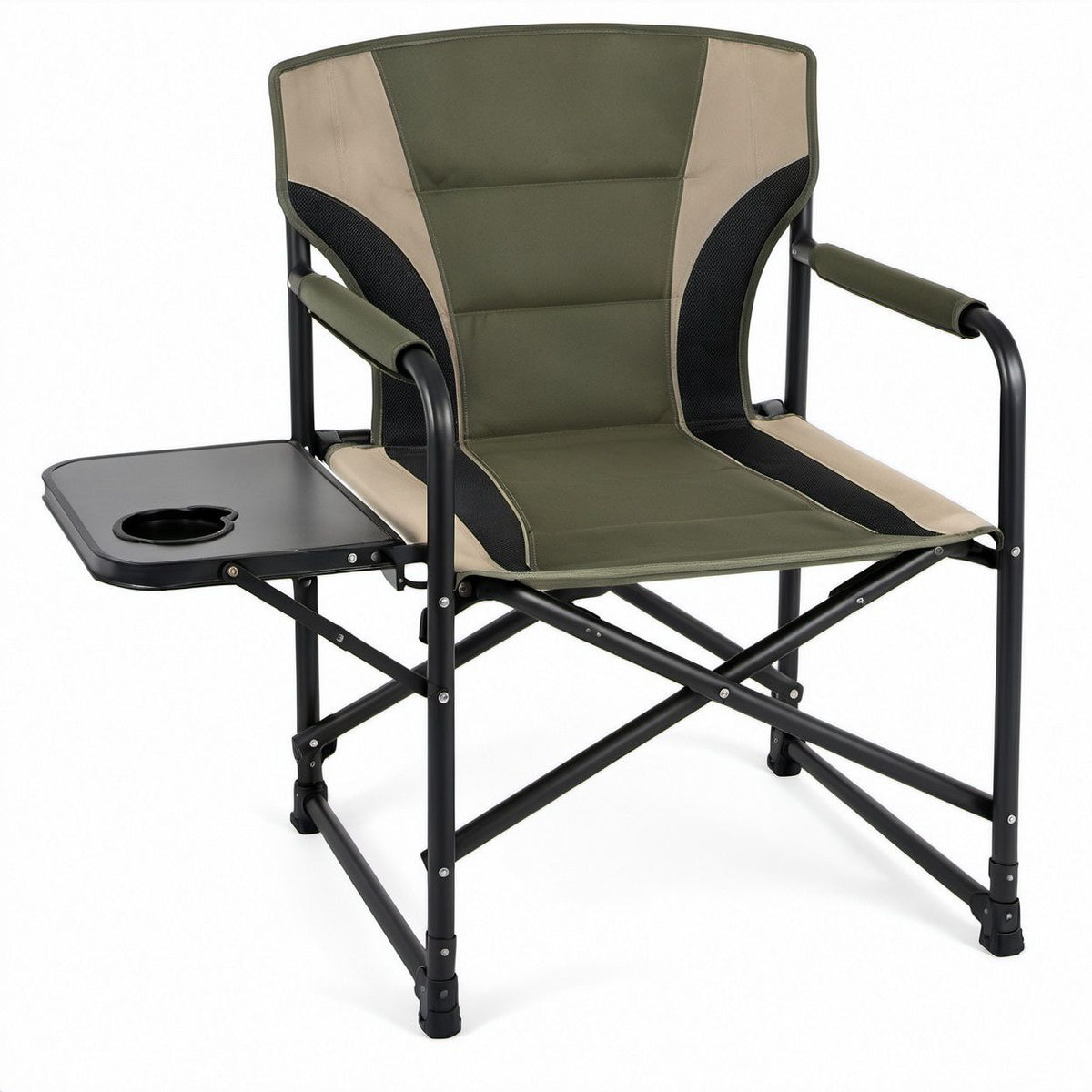 Olive Green, Beige and Black Folding Director Chair with Side Table and Cup Holder, 31.5 x 20 x 35.4 in