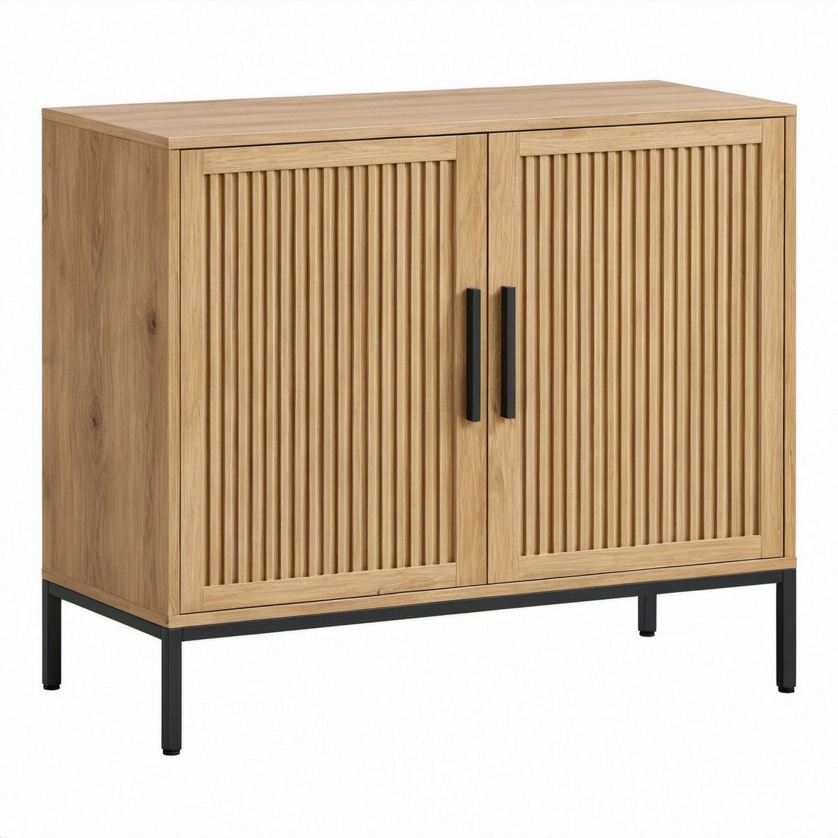 Natural Oak Fluted 2-Door Storage Cabinet with Black Steel Legs, 31.5 x 15.7 x 33.5 in