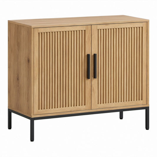 Natural Oak Fluted 2-Door Storage Cabinet with Black Steel Legs, 31.5 x 15.7 x 33.5 in