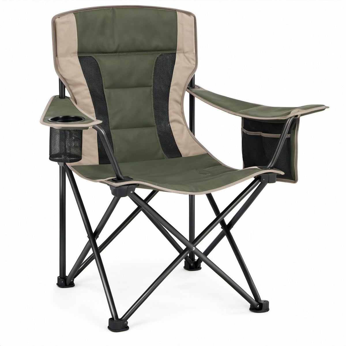 Green/Beige/Black Folding Camping Chair with Cup Holder and Storage Pockets, 24 x 38 x 39 in