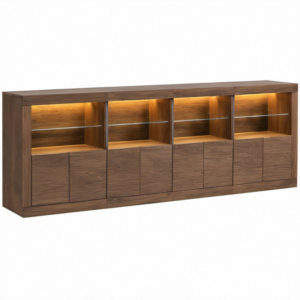 Walnut Brown LED Display Sideboard with Tempered Glass Shelves, 94.5 x 18 x 39 Inches