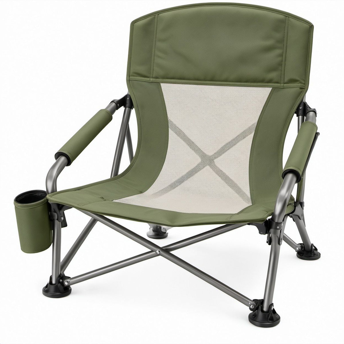 Foldable Camping Chair with Cup Holder, Olive Green/Beige/Dark Gray/Black, 58 x 58 x 95 cm