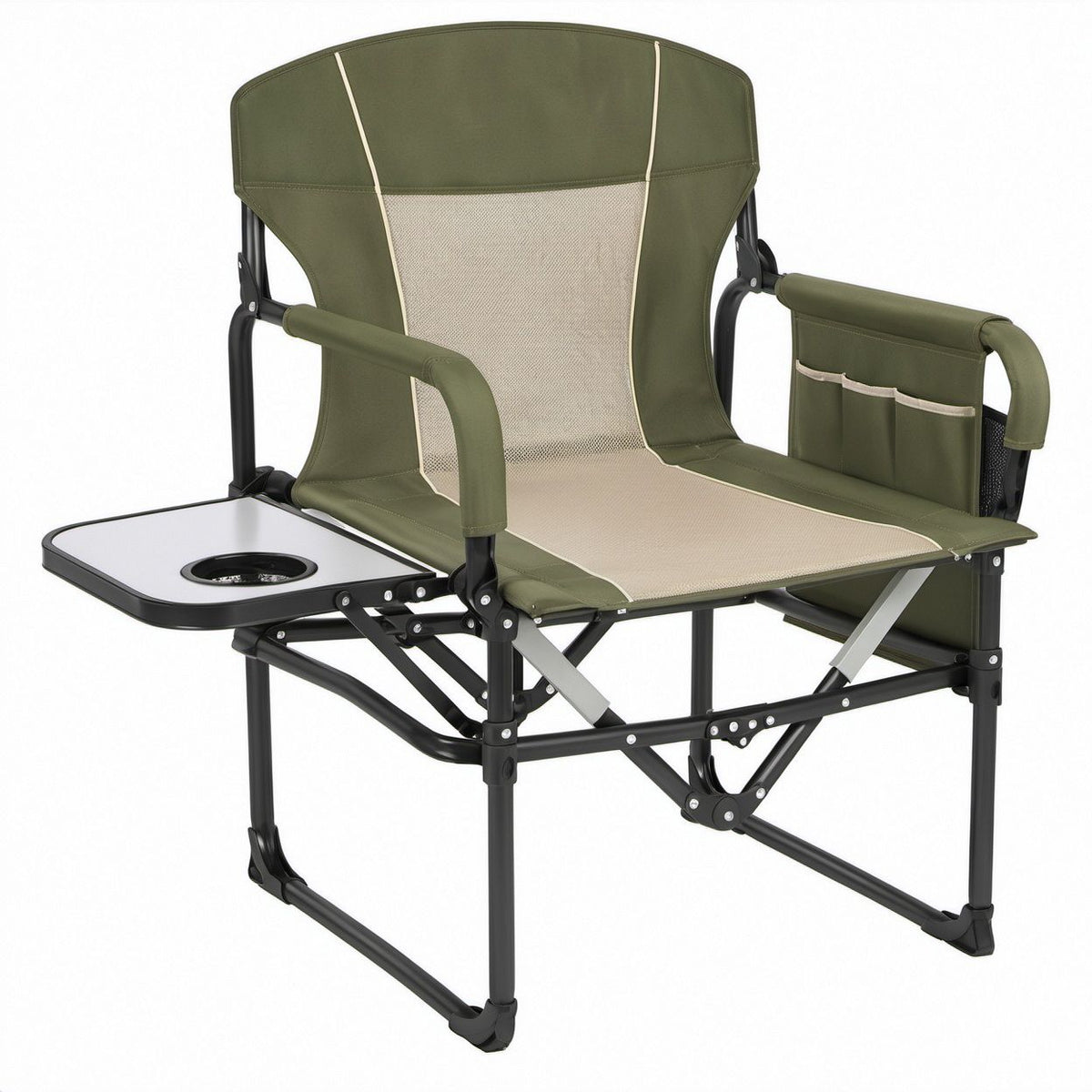 Oversized Folding Camping Chair with Side Table, Cup Holder and Storage Pocket, Olive Green/Beige/Black, 35 x 24 x 38 in