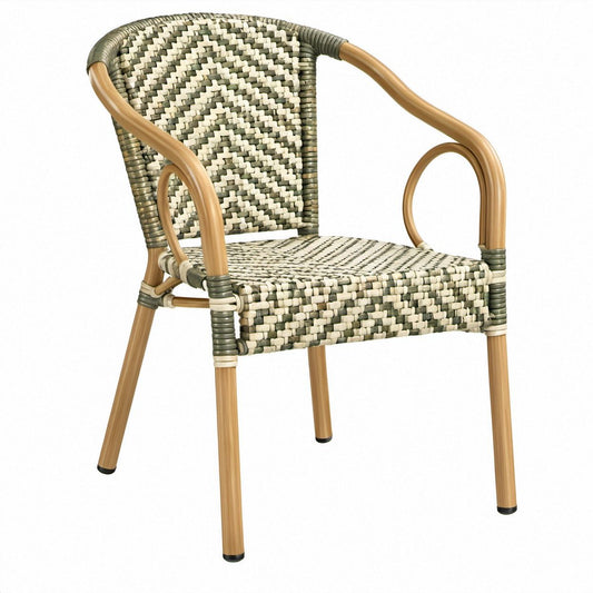 Beige/Green/Natural Brown Woven Bistro Armchair with Arched Arms, 22 x 24 x 34 in