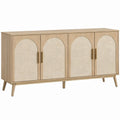 Natural Oak and Beige 4-Door Arched Accent Cabinet, 63 in W x 16 in D x 32 in H