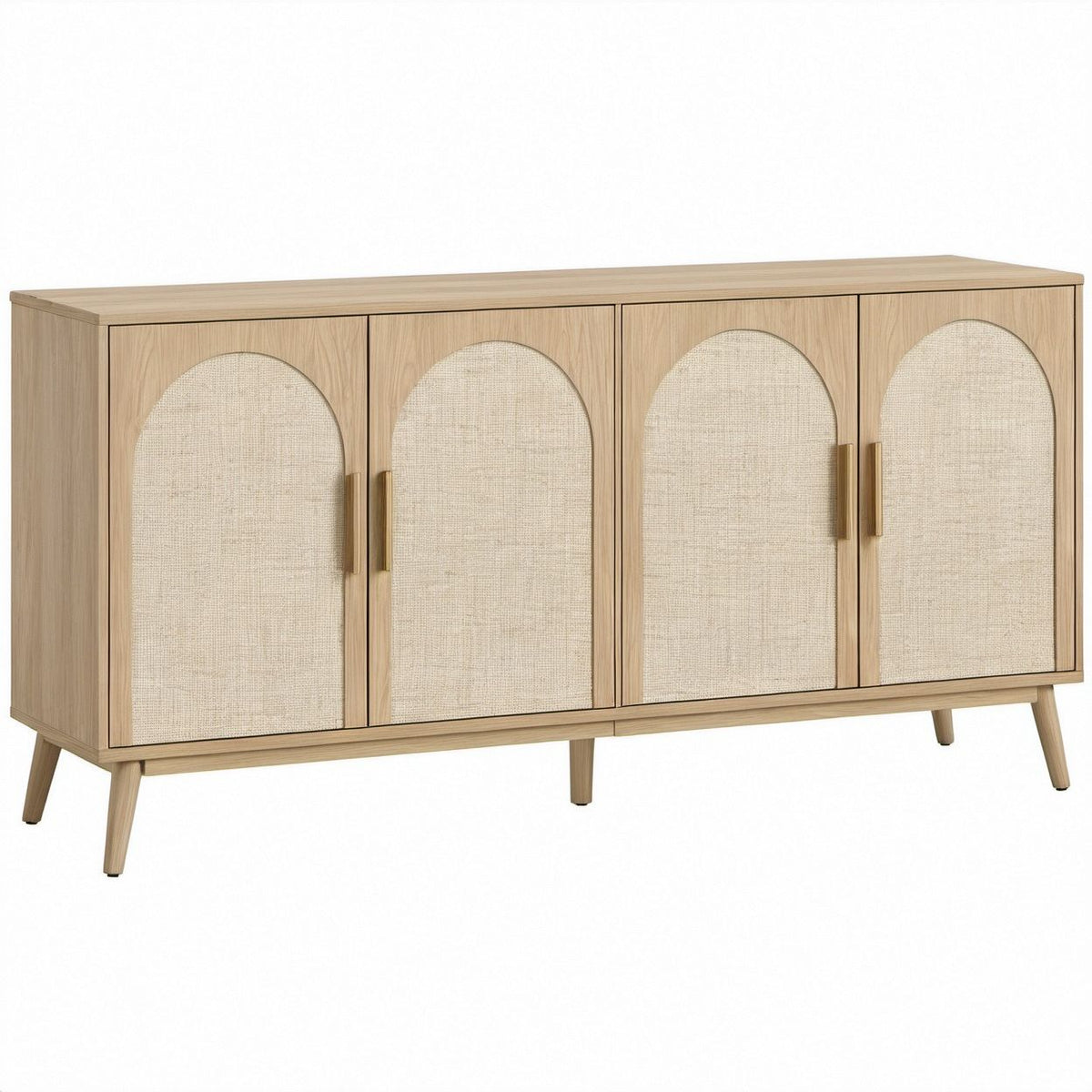 Natural Oak and Beige 4-Door Arched Accent Cabinet, 63 in W x 16 in D x 32 in H
