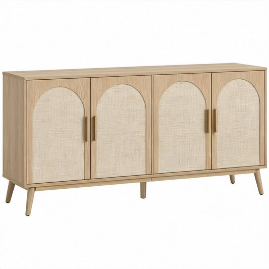 Natural Oak and Beige 4-Door Arched Accent Cabinet, 63 in W x 16 in D x 32 in H