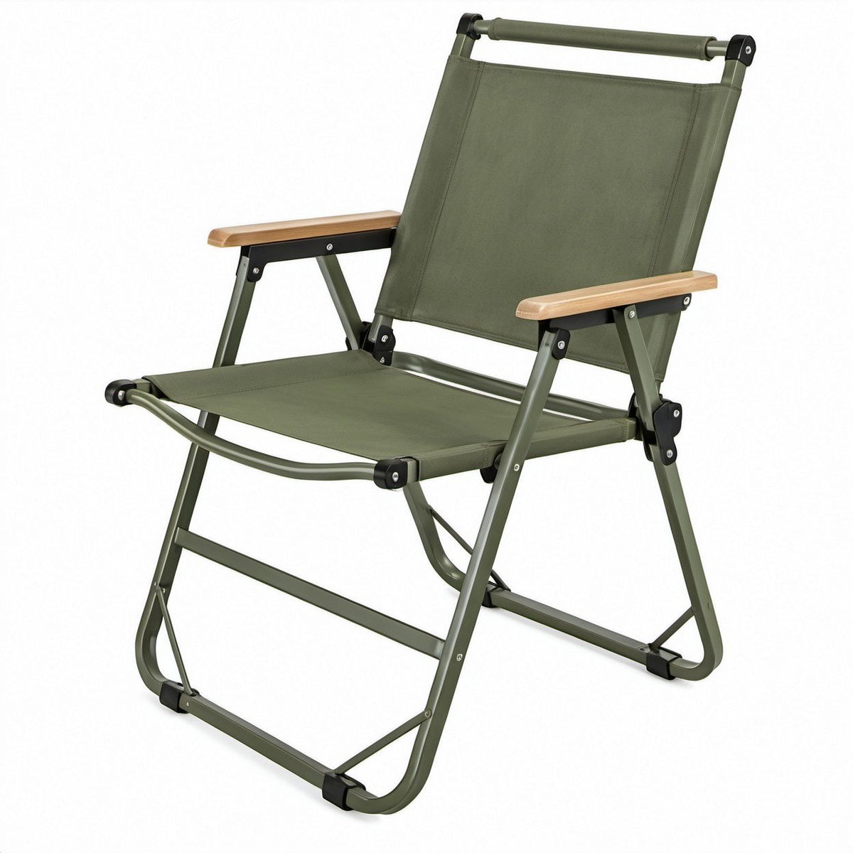 Olive Green Folding High-Back Outdoor Chair with Wood Armrests, 55 x 60 x 89 cm