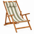 Folding Reclining Lounge Chair with Removable Head Pillow, Green and Cream Striped Canvas, Natural Brown Eucalyptus Wood Frame, 22.8 x 38.6 x 40.2 in