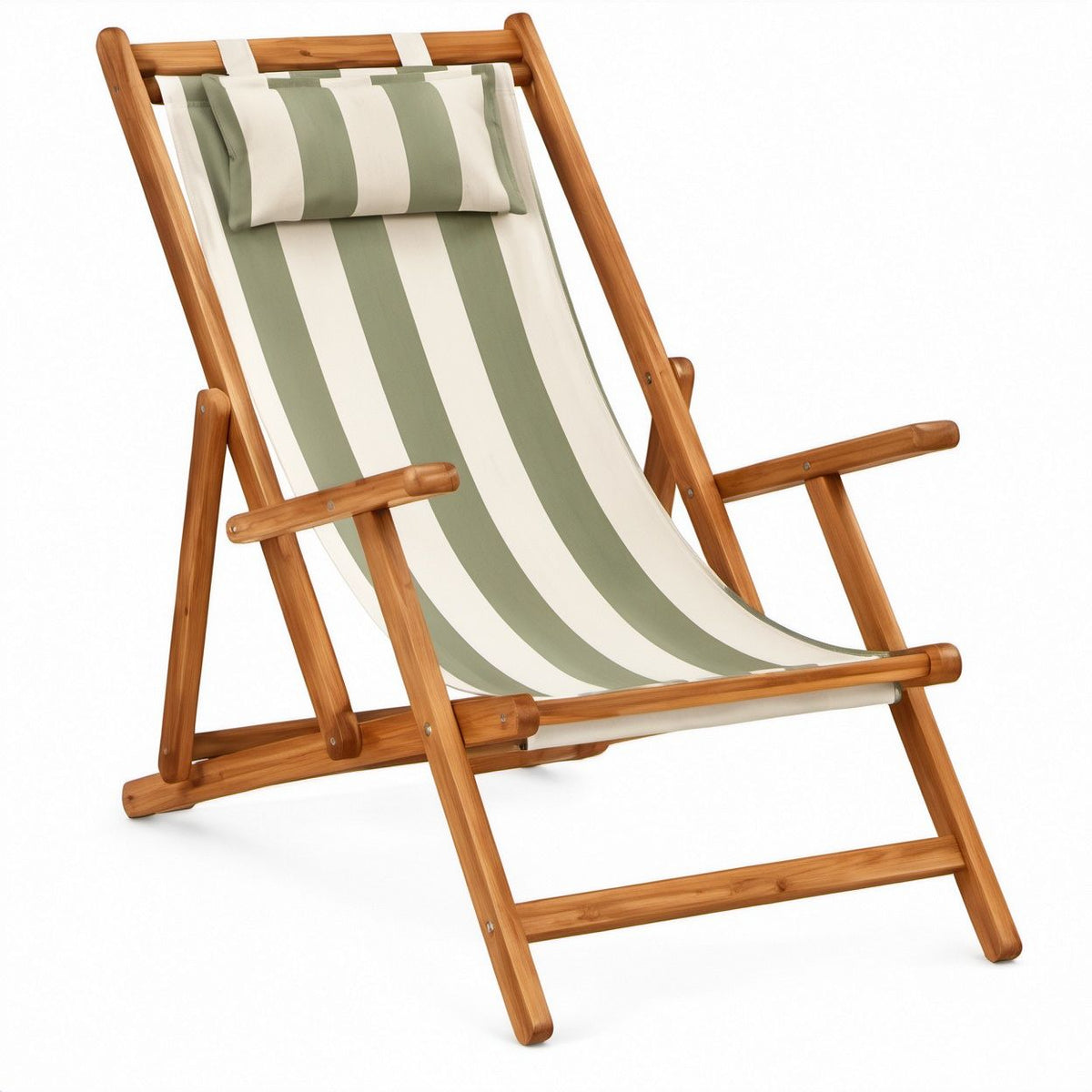 Folding Reclining Lounge Chair with Removable Head Pillow, Green and Cream Striped Canvas, Natural Brown Eucalyptus Wood Frame, 22.8 x 38.6 x 40.2 in
