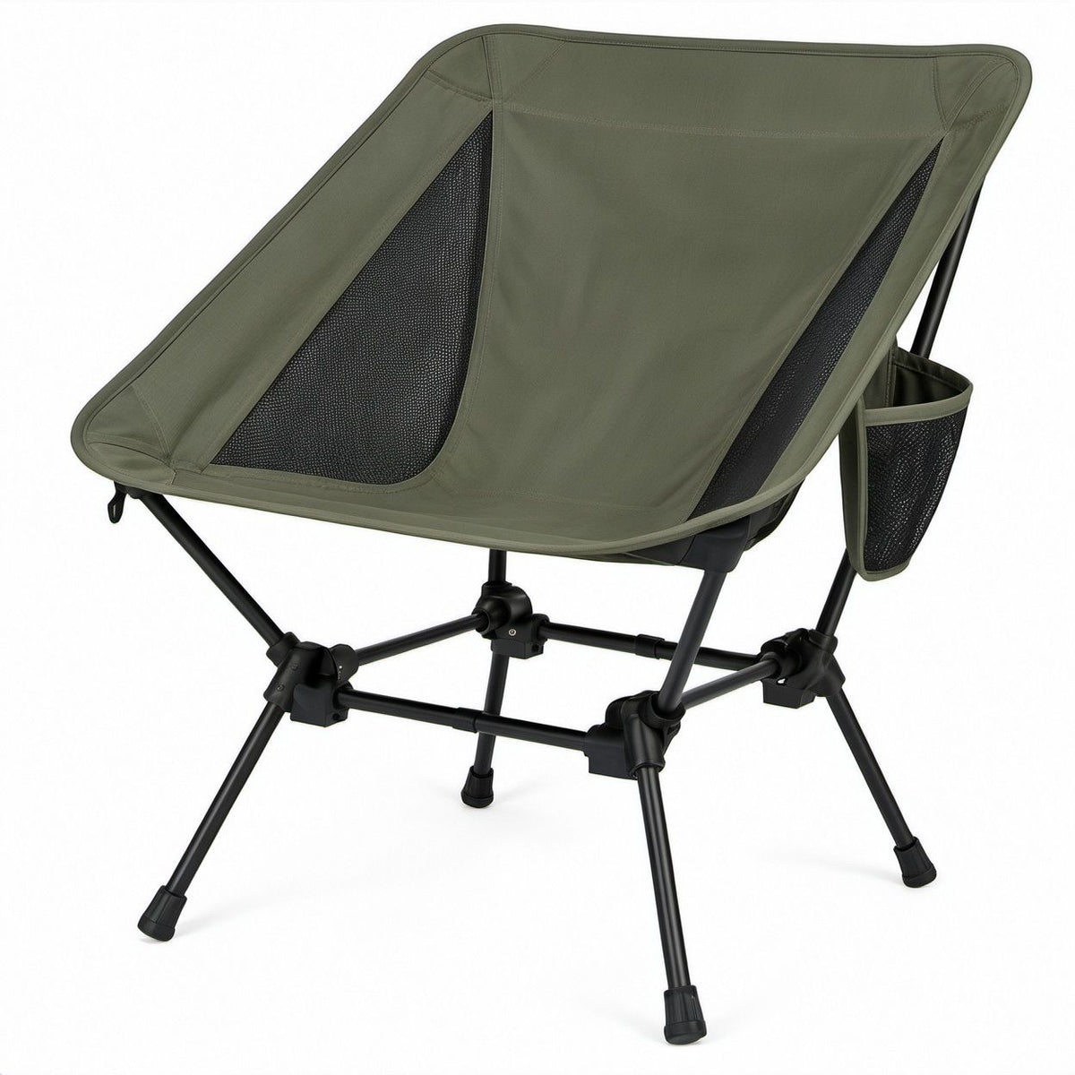 Olive Green and Black Folding Camping Chair with Mesh Panels and Side Pocket, 58 x 62 x 75 cm