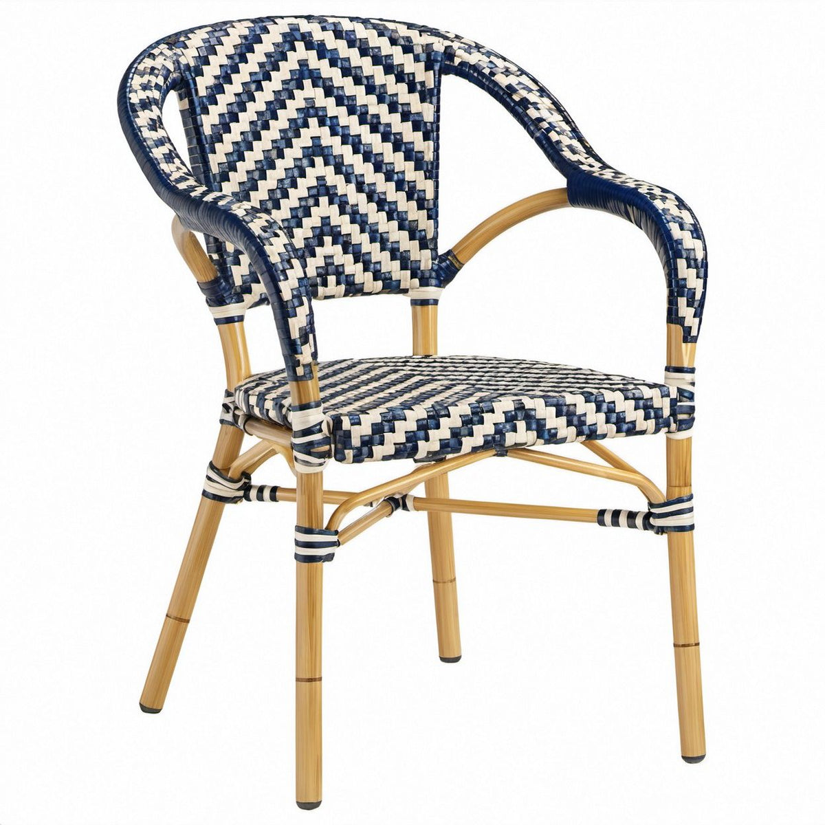 Outdoor Patio Armchair with Rounded Arms, Navy Blue, White and Natural PE Rattan, Aluminum Frame, 23.5 x 24 x 35 in