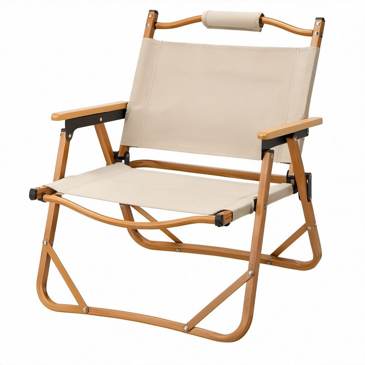 Beige Folding Camping Chair with Wood-Grain Aluminum Frame, 23.6 x 19.7 x 33.5 in