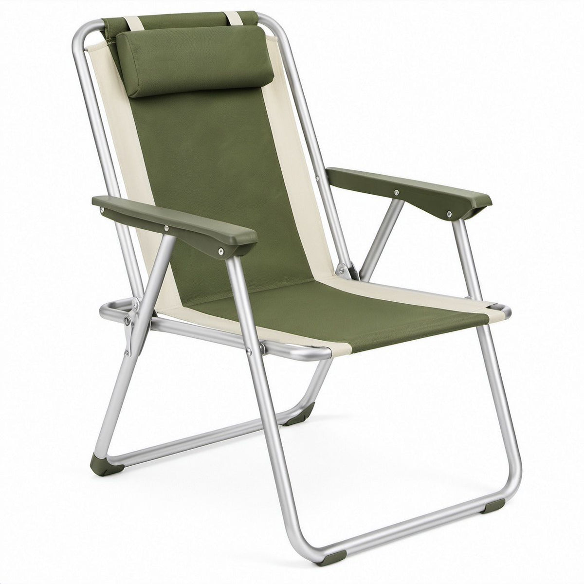 Olive Green and Beige Folding High-Back Camping Chair with Padded Headrest, 58 x 68 x 94 cm