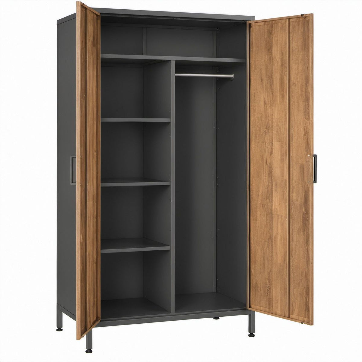 36 x 18 x 72 in Freestanding Wardrobe with 4 Shelves and Hanging Rod, Walnut and Black