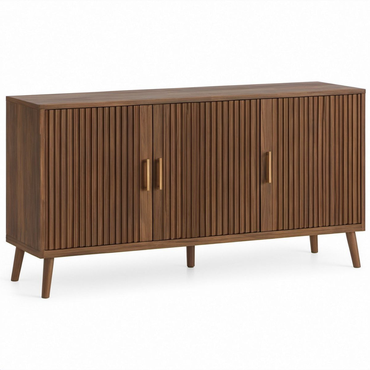 Walnut Brown Fluted 4-Door Sideboard Cabinet with Brass Handles, 60 x 16 x 32 in