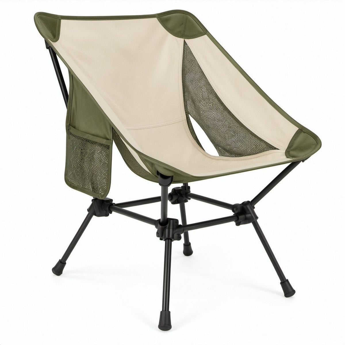 Folding Camping Chair, Beige and Olive Green Polyester Mesh with Steel Frame, 24 x 20 x 35 in