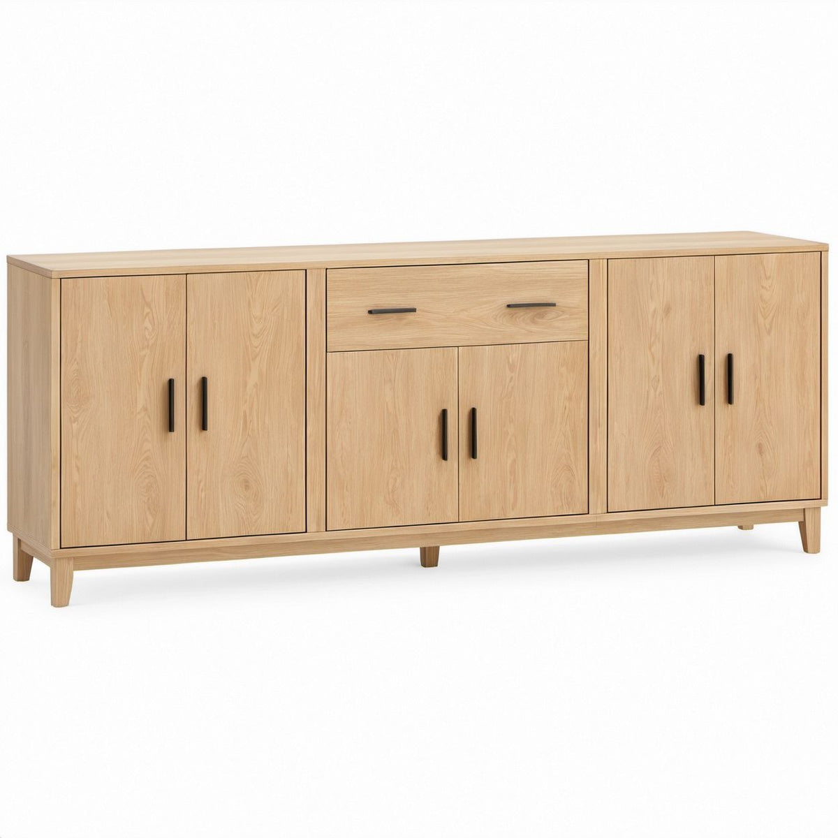 Natural Oak Veneer Sideboard with Black Handles, 78 x 18 x 35 in