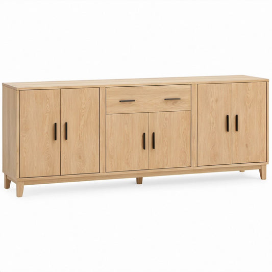 Natural Oak Veneer Sideboard with Black Handles, 78 x 18 x 35 in