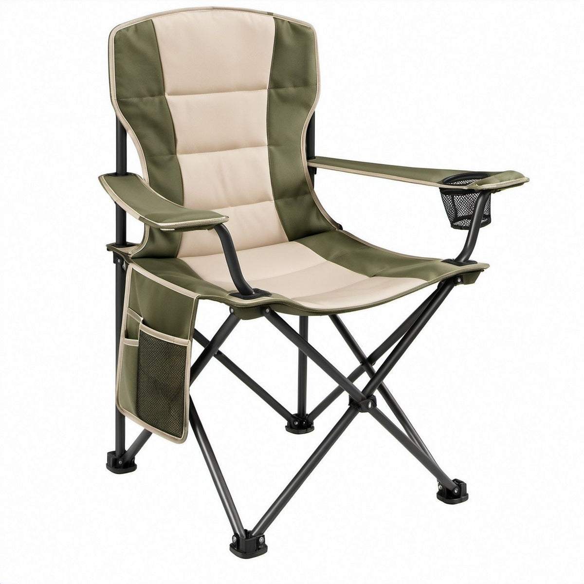Folding Camping Chair with High Backrest, Armrests, Cup Holder and Side Pocket, Olive Green/Beige/Black, 37.4 x 23.6 x 37.4 in
