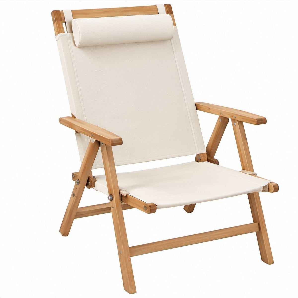 Adjustable Folding Bamboo Outdoor Chair with Beige Polyester Canvas, 25.6 x 30.3 x 38.6 in