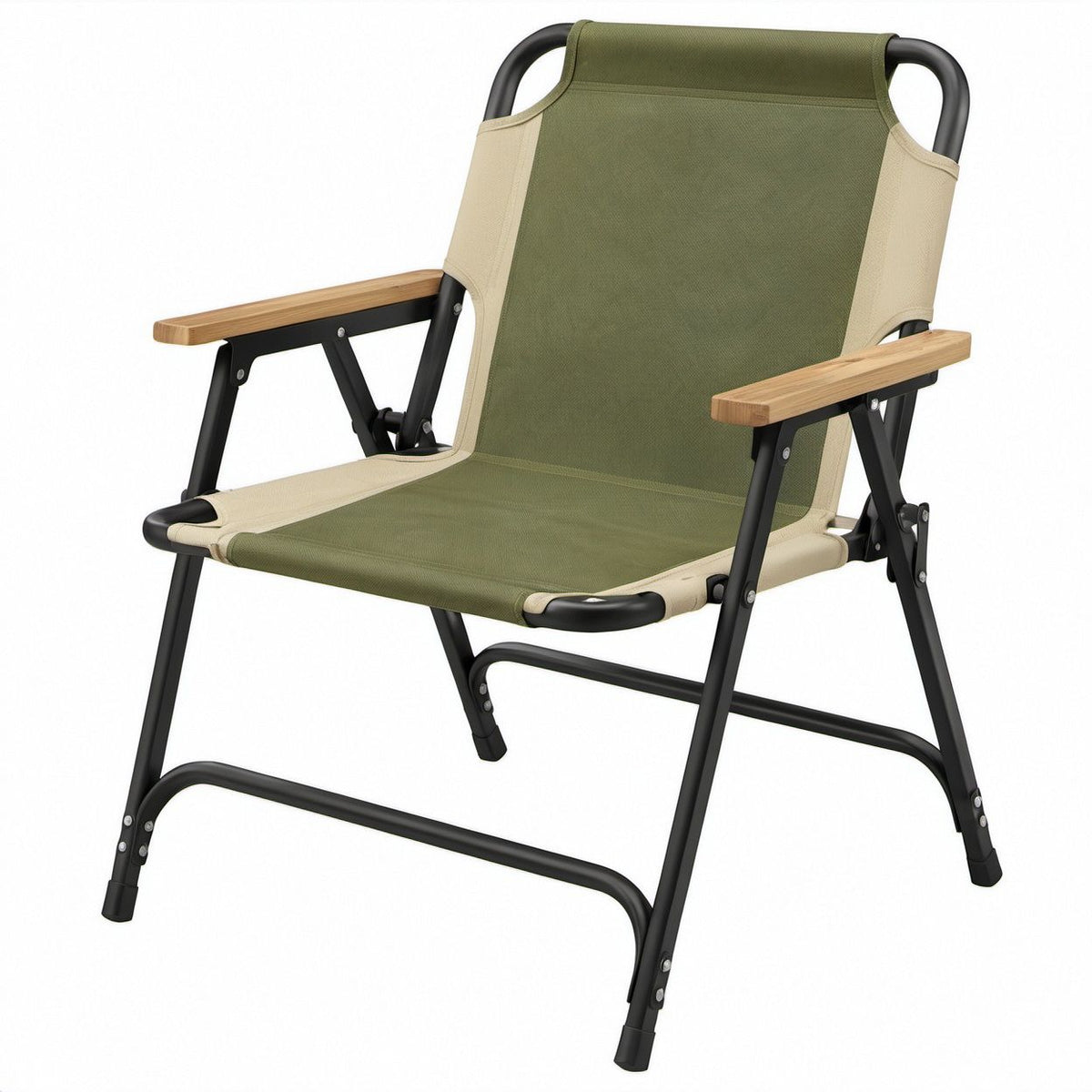 Folding Camping Chair with Bamboo Armrests, Green/Beige/Black/Natural, 22.8 x 25.2 x 36.2 in