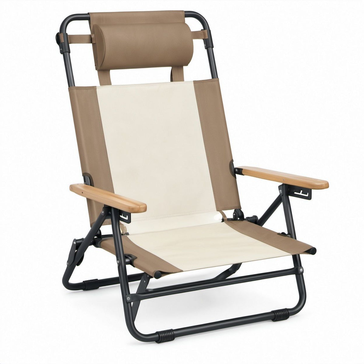 Folding Reclining Camping Chair with Padded Headrest, Bamboo Armrests and Steel Frame, 62 x 78 x 98 cm, Cream/Brown/Black