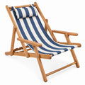 Folding Reclining Chair with Armrests and Removable Head Pillow, Natural Wood Frame with Blue and White Striped Canvas, 46 x 65 x 95 cm
