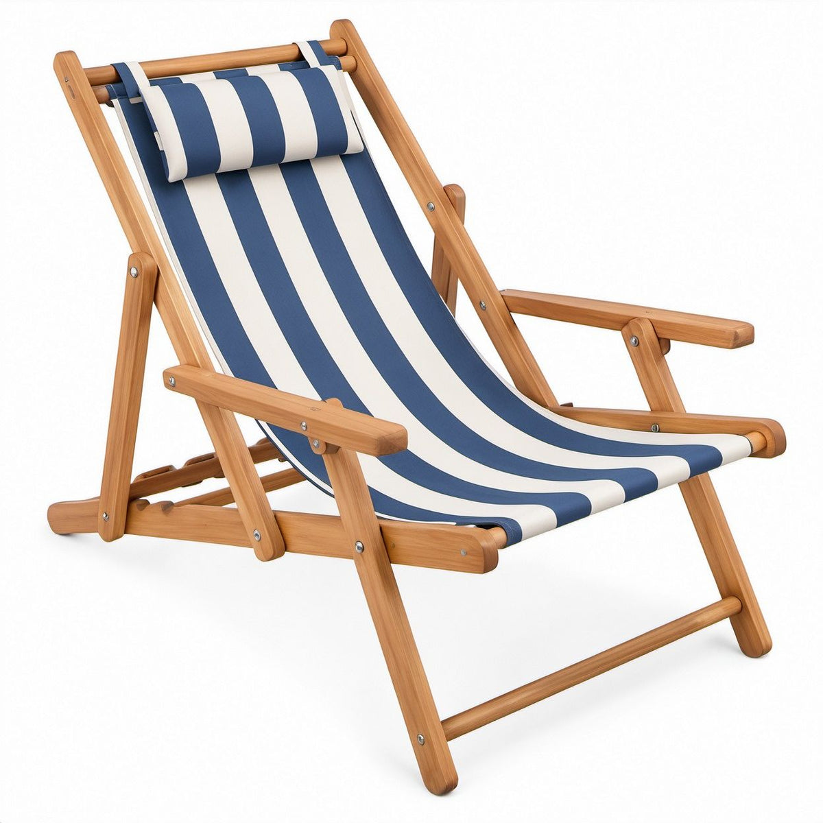Folding Reclining Chair with Armrests and Removable Head Pillow, Natural Wood Frame with Blue and White Striped Canvas, 46 x 65 x 95 cm