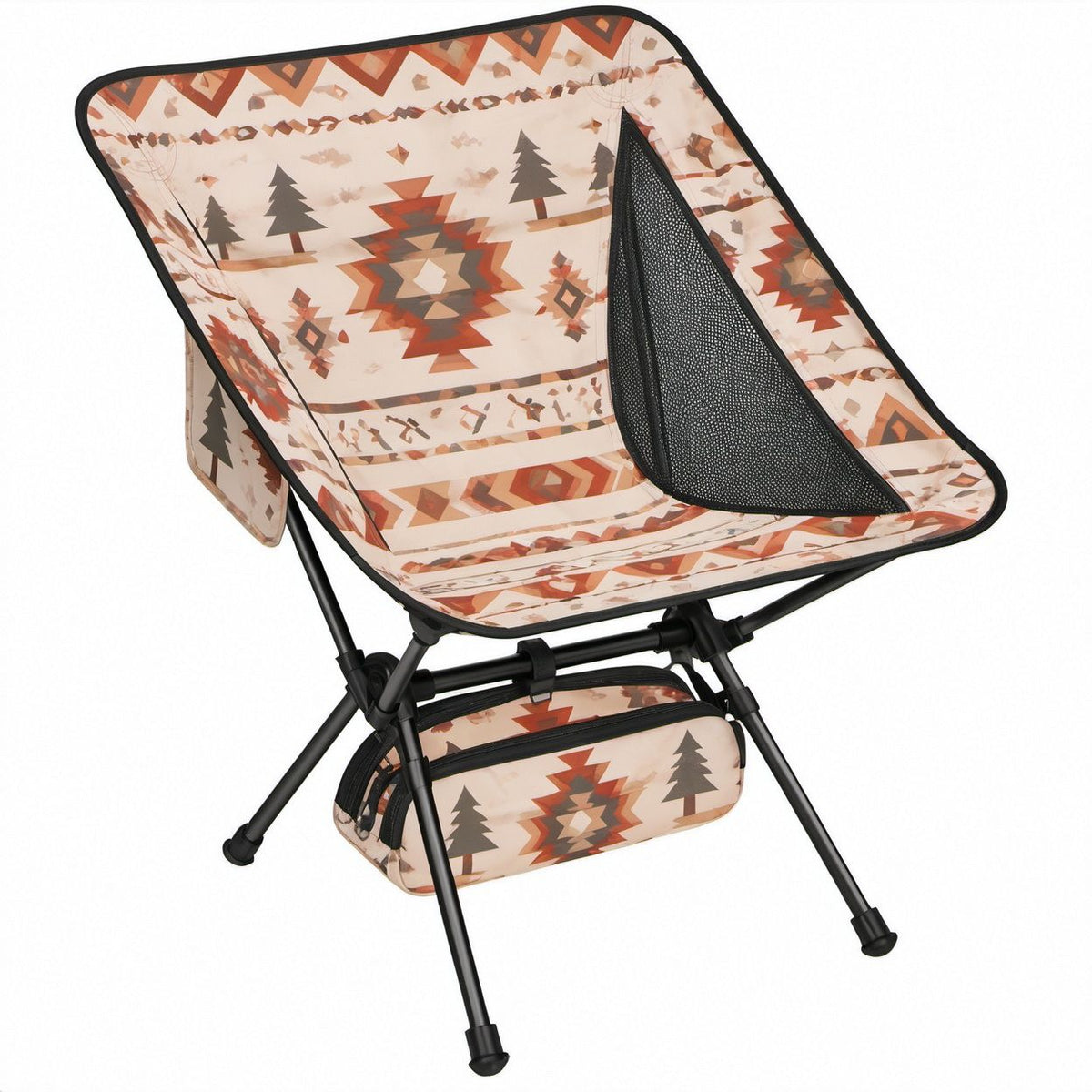 Folding Camp Chair with Storage Pouch, Beige Brown Rust Orange and Black Geometric Print, 62 x 52 x 74 cm