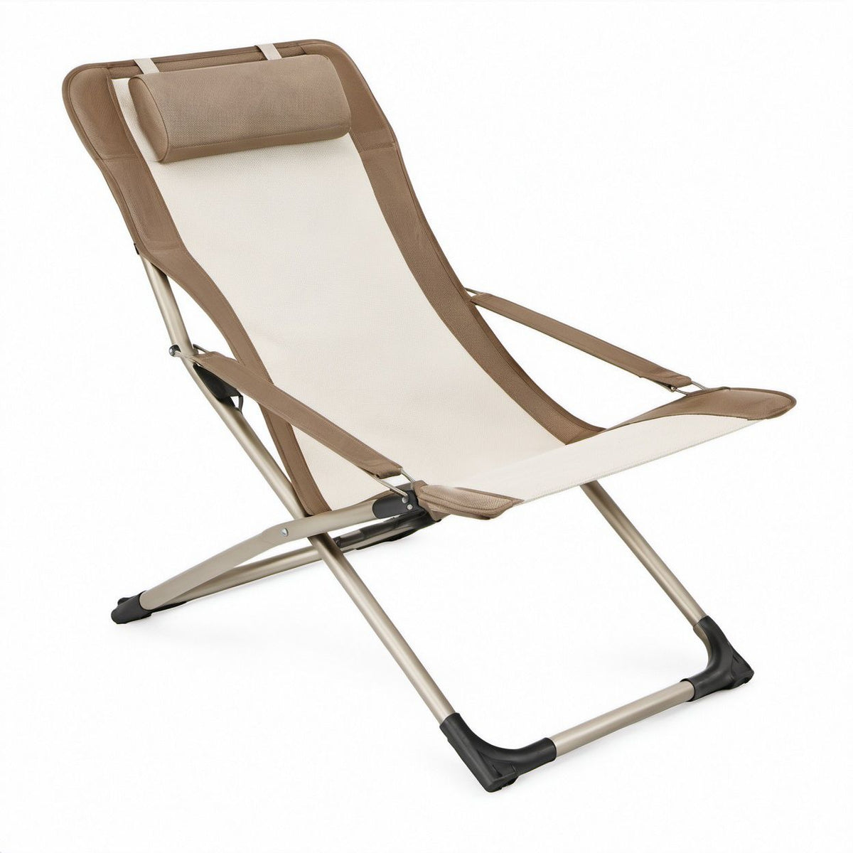 Folding Reclining Outdoor Lounge Chair with Adjustable Headrest, Beige/Brown, 39.4 x 23.6 x 33.5 in